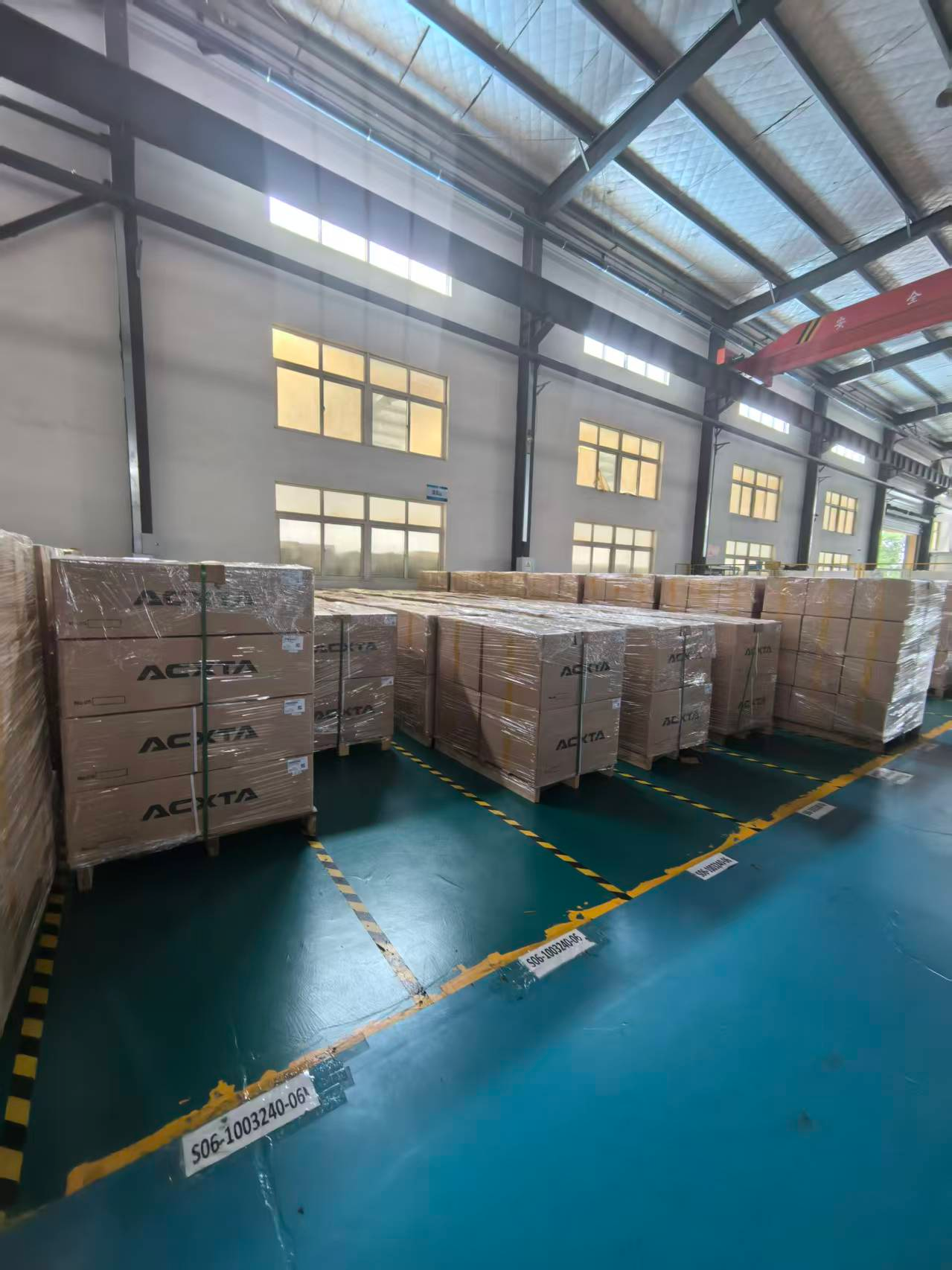 ACXTA branded cartons packed and shrink-wrapped on pallets